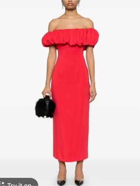 Rowen Rose Off-Shoulder Red Ruffle Bardot Column Dress
